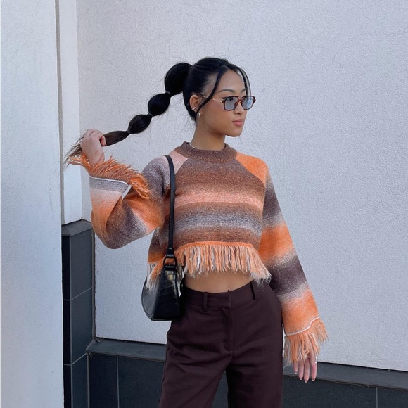 Zara Fringe Striped Cropped Sweater - New - Picture 9 of 16